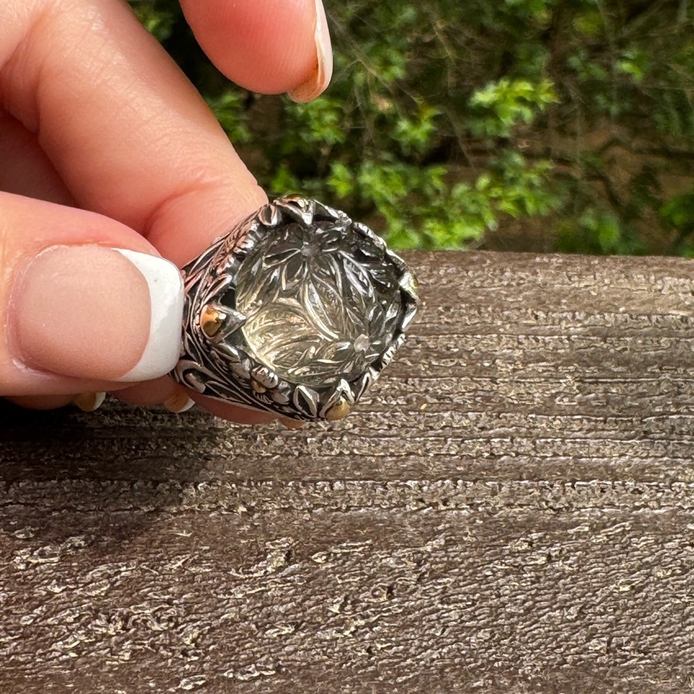 Intricate Sterling Silver 925 and 18K Carved Topaz  Ring - Picture 4 of 9